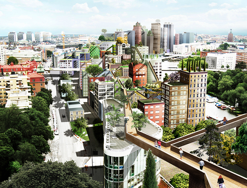 Illustration for article titled This Plan to Turn Stockholm Into a City Full of Sky Ways Looks Incredible